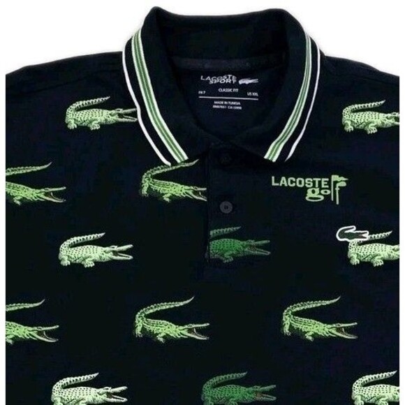 Lacoste Sport Polo Shirt Mens 2XL Navy Blue Classic Fit All Over Crocodile Print - Picture 1 of 12